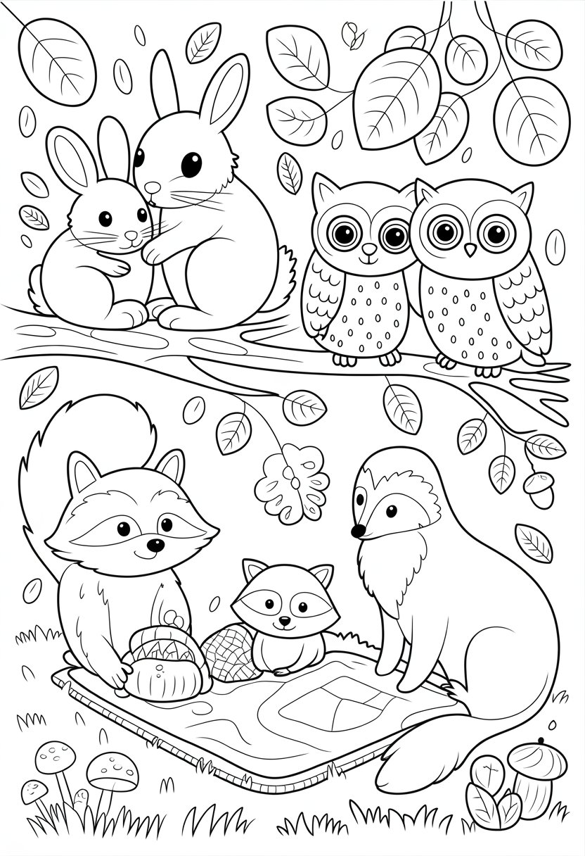 Cozy Friends Coloring Pages A Perfect List of 15 Relaxing Designs 5 A scene showing pairs of animals including a rabbit with a squirrel on a tree branch, a fox with a raccoon on a picnic blanket, and two owls sitting together on a branch surrounded by mushrooms, flowers, and acorns.